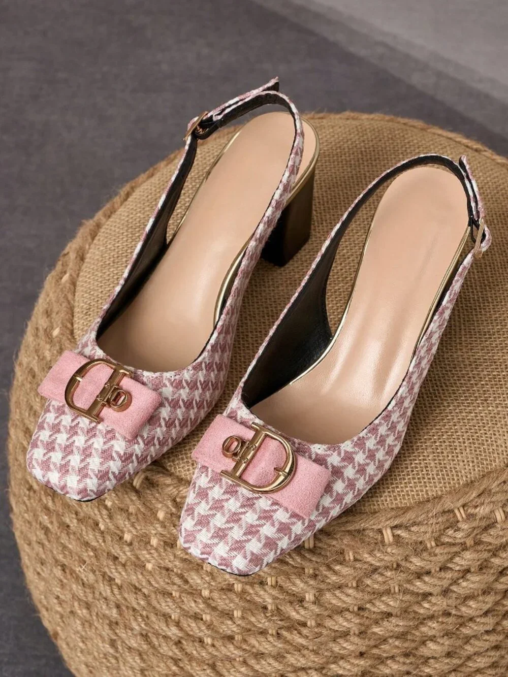 Pink Elegant Women' Soft Chunky houndstooth Heel Pumps